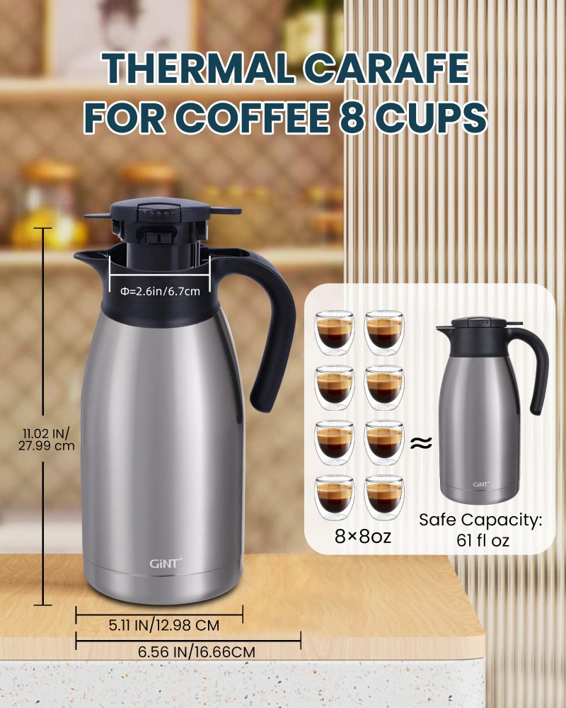 GiNT 64Oz Thermal Coffee Carafe, Insulated Stainless Steel Coffee Carafes for Keeping Hot/Double Walled Vacuum Thermal Carafe (Silver, 1.9L) - Image 5